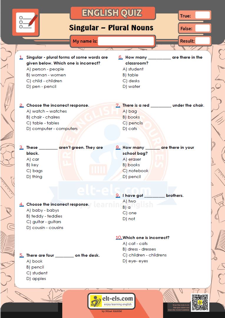 Singular And Plural Nouns Worksheet Answers