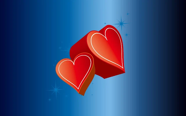 Rode 3D liefdes hartjes op een blauwe achtergrond