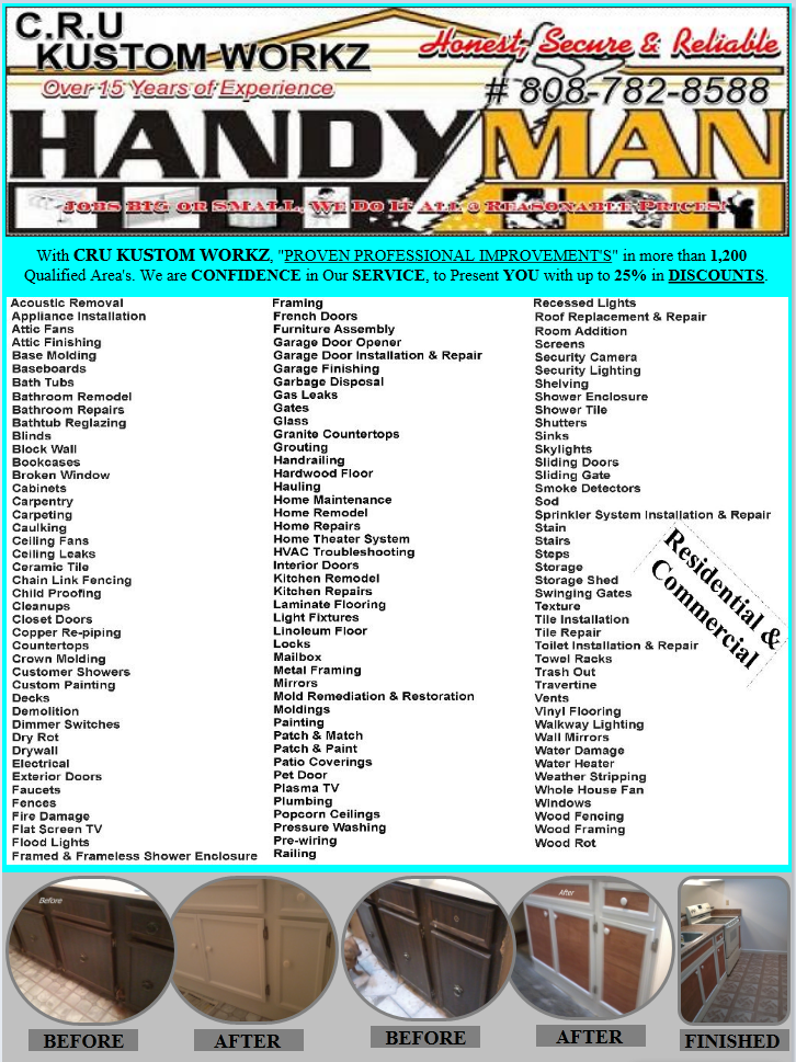 Handyman Services | CRU KUSTOM WORKZ | 8087828588