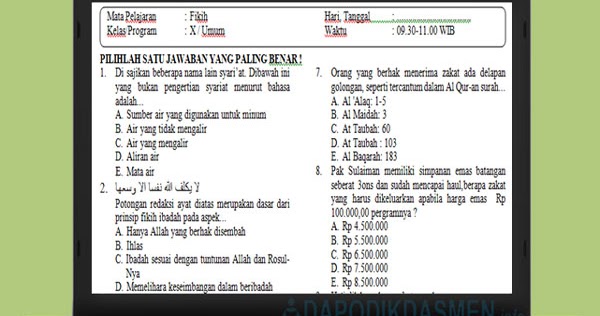 Soal PAT UKK PAS Fiqih SMA MA Kelas 10 Kurikulum 2013 Tahun 2019