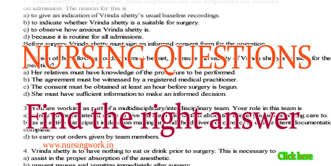 Nursing Questions based on patient Find the Answer