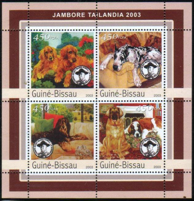 2003年ギニアビサウ共和国 ゴールデン・レトリーバー グレート・デーン ビアデッド・コリー レオンベルガーとセント・バーナードの切手シート