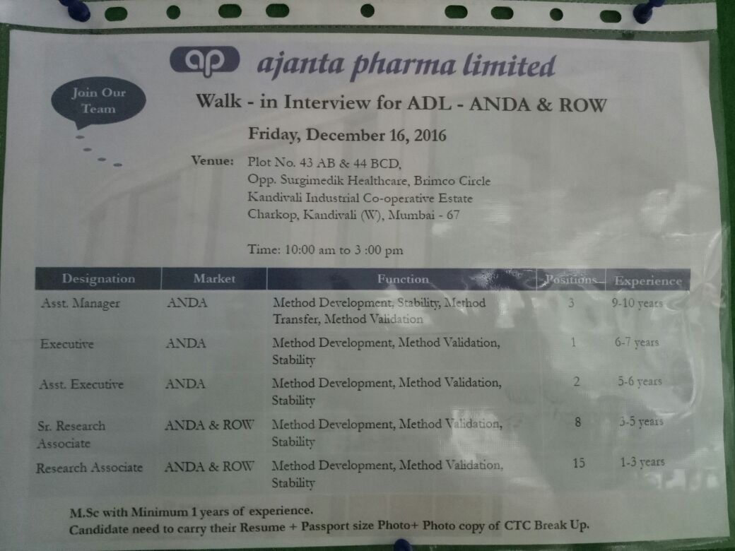 Ajanta Pharma Ltd Walk In Interview On 16th December 2016