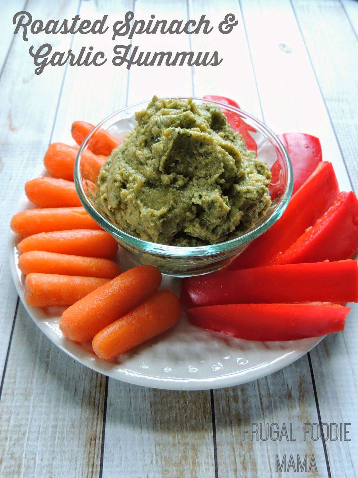 Roasted Spinach and Garlic Hummus via thefrugalfoodiemama.com