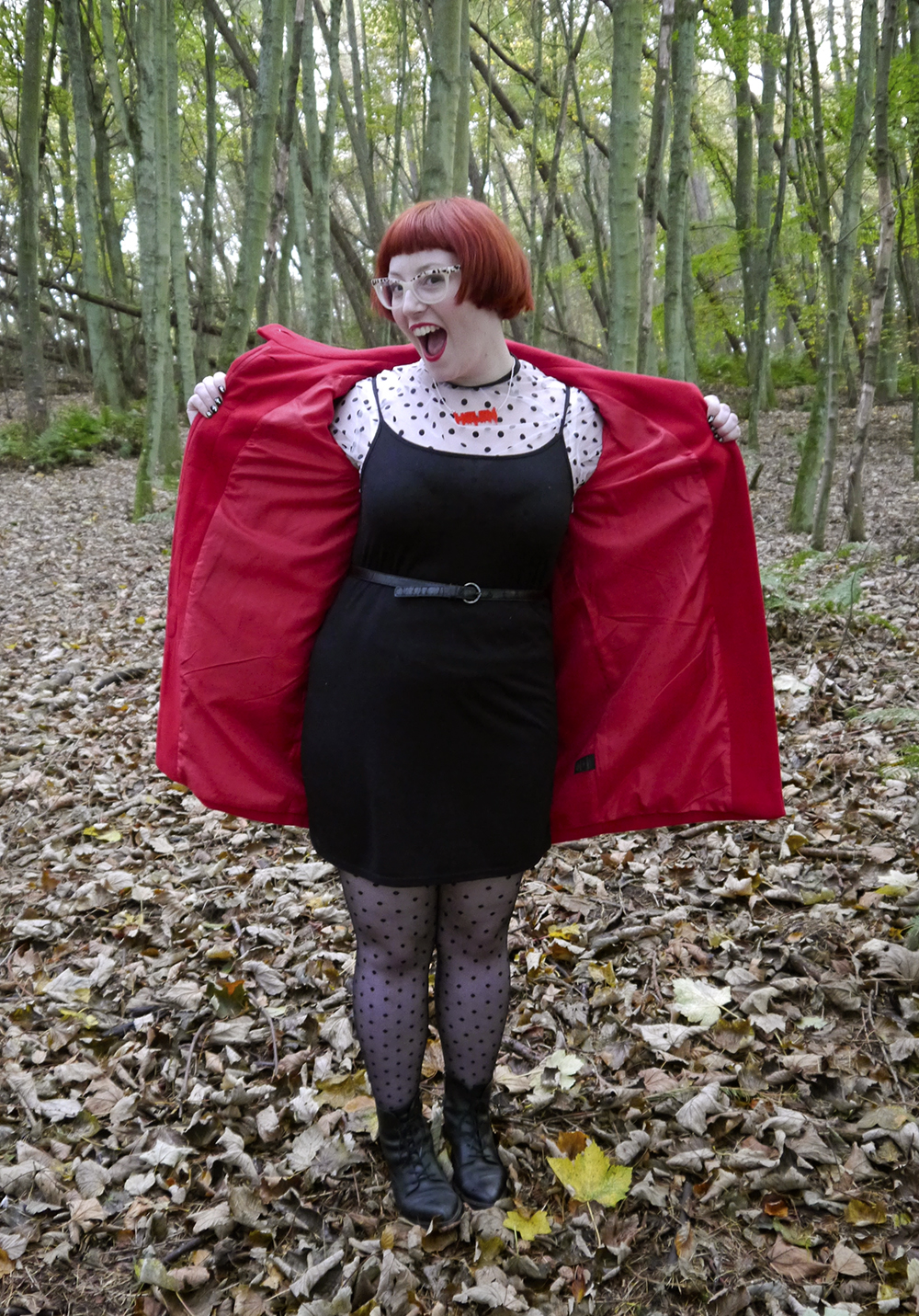Black White and Red Outfit Styled by Helen, Wardrobe Conversations, Scottish blogger, Dundee blogger, red head, ginger bob, red hair, Spex Pistols glasses, horror jewellery, Halloween jewellery, Sugar & Vice, red coat, winter coat, polka dot outfit, monochrome outfit, winter outfit, autumn style, Ted & Muffy boats, charity shop style, Hayley Scanlan tshirt dress, name necklace, personalised jewellery, Charleton farm