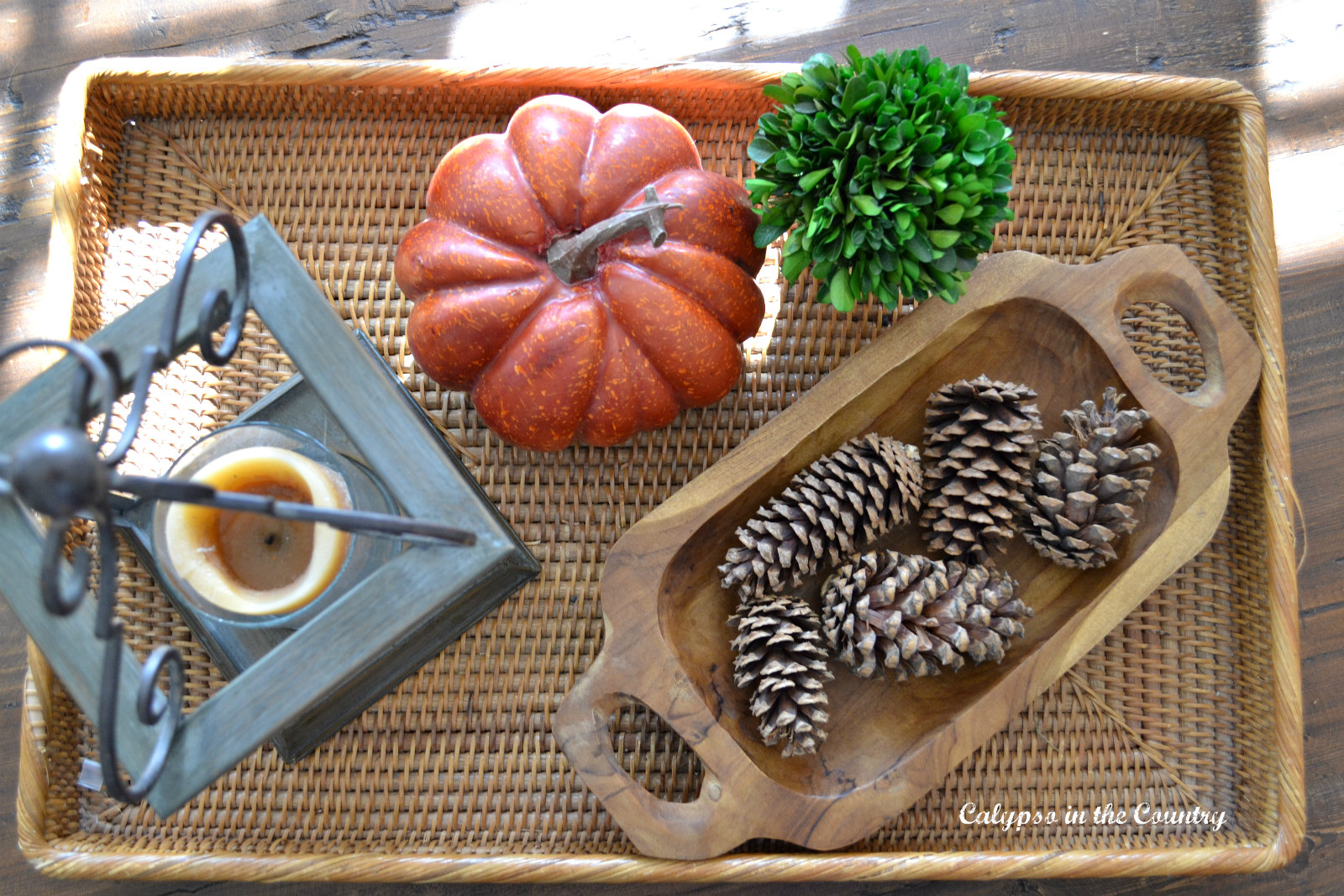 Rattan tray decorated for fall