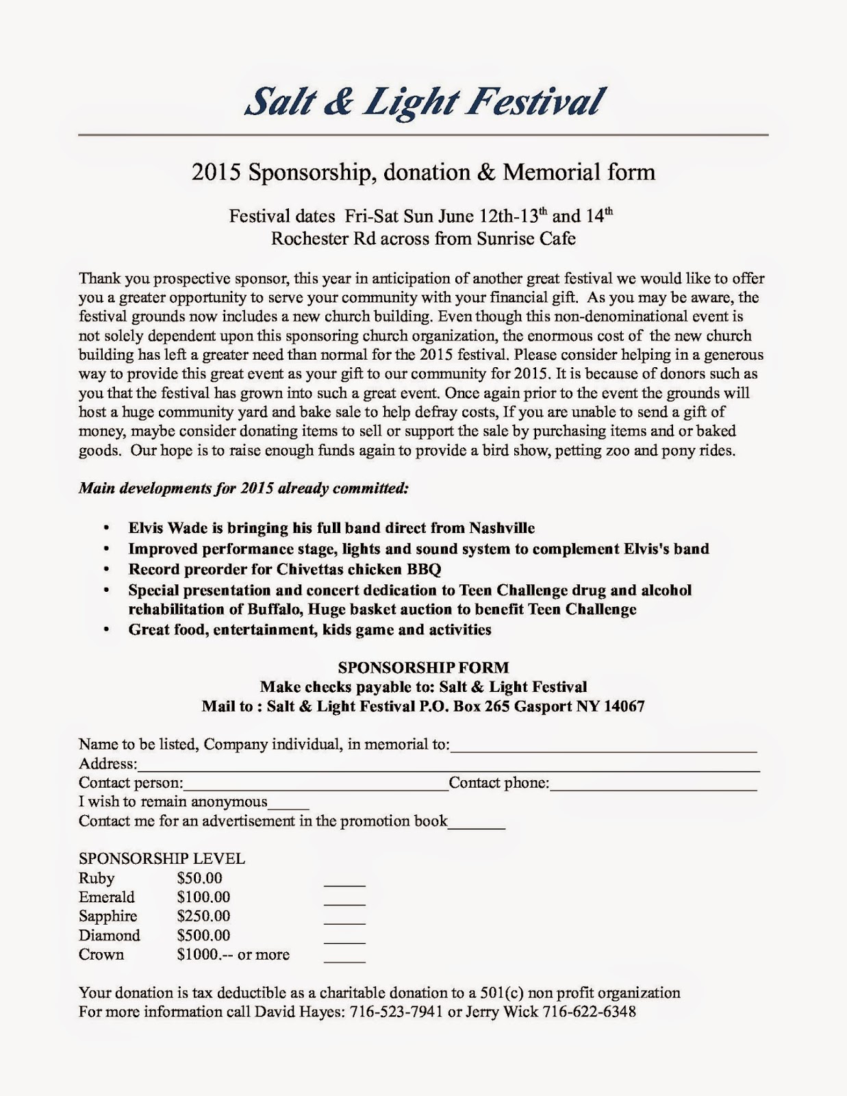 LIFE AND TIMES IN GASPORT, NEW YORK SALT & LIGHT FESTIVAL SPONSORSHIPS