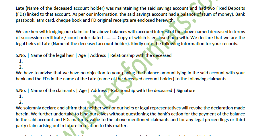 Draft Letter to Bank for Claim Settlement of a Deceased Account