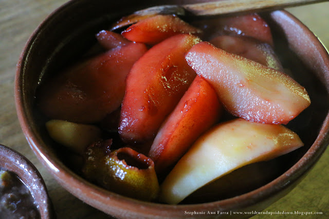  18th Century Stewed Pears Recipe - 6 Pears  - 1/2 Cup Red Wine  (or water)  - 1 cup Sugar  - Lemon Peel  - Cloves    - Cochineal (optional for color)