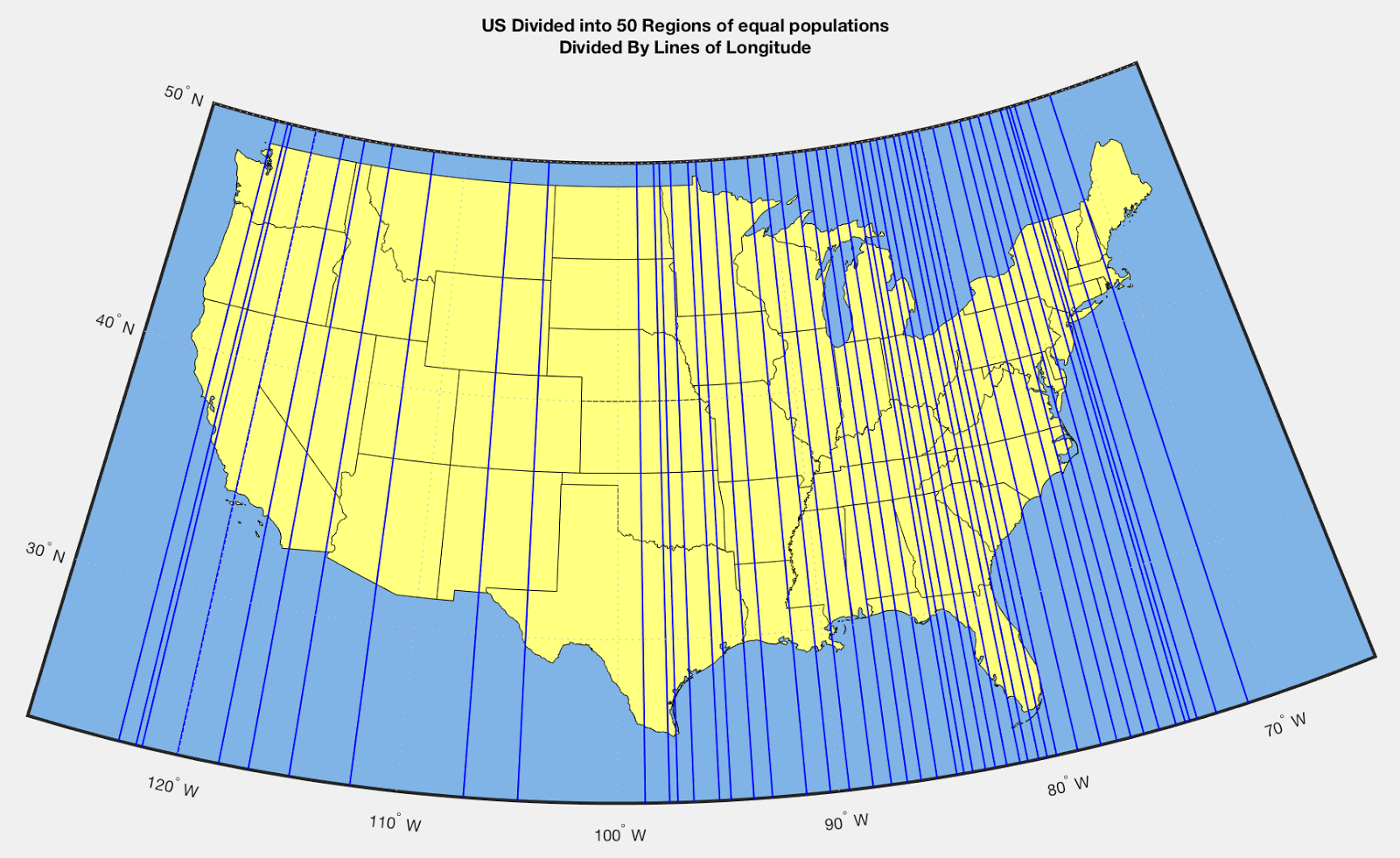 United States divided into 50 regions of equal population divided by