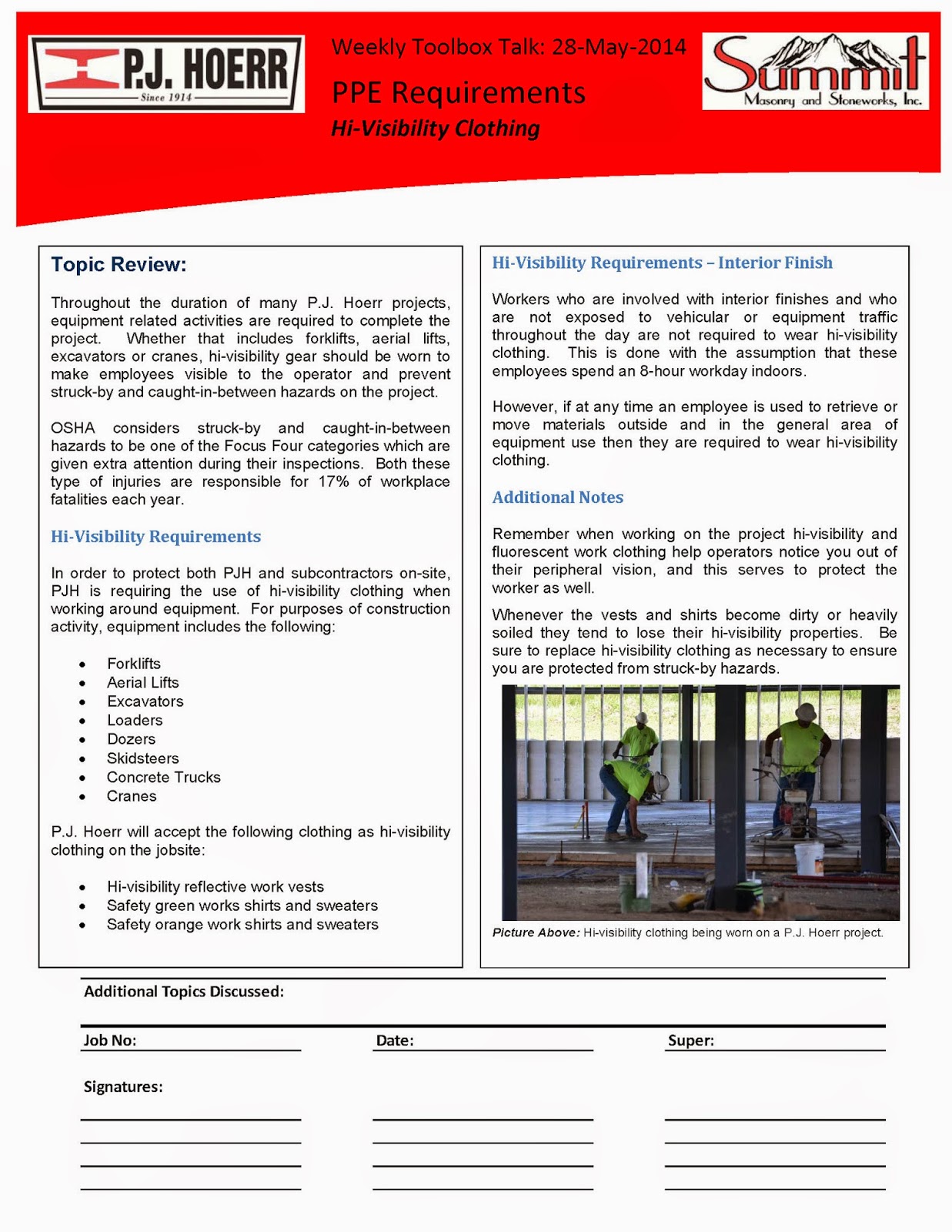 P.J. Hoerr, Inc. P.J. Hoerr & Summit Masonry Weekly Toolbox Talk PPE