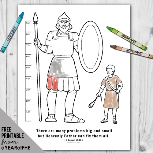 A Year of FHE // a free coloring page for small children showing the difference in height between David and Goliath along with the scripture story reference. #lds #goliath #david