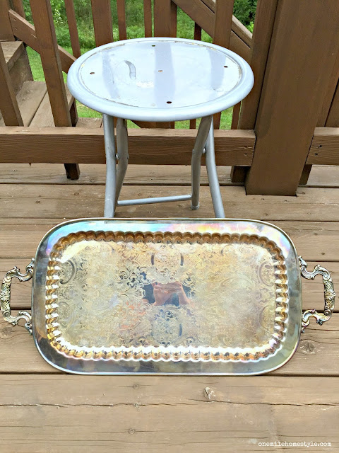 Thrift Store Decor: Turning a tray and a stool into a cute accent table - One Mile Home Style