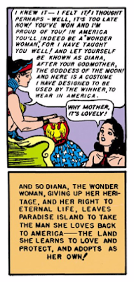 All-Star Comics (1940) #8 Page 67 Panel 7: Diana reveals herself as the champion who has earned the right to take Steve Trevor home (at the expense of her own eternal life, but what the hey. What's a little eternal life between friends?).