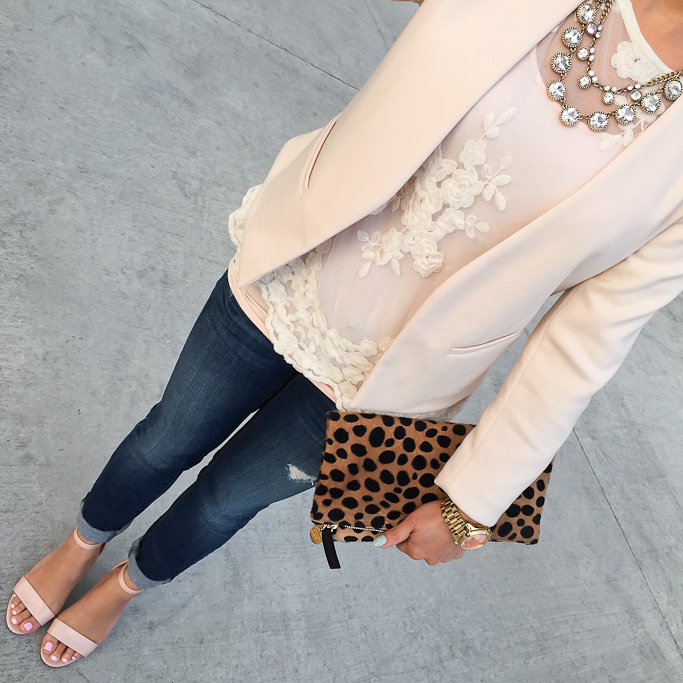 Blush pink collarless blazer Clare V leopard foldover clutch BP luminate blush nude sandals Floral lace top