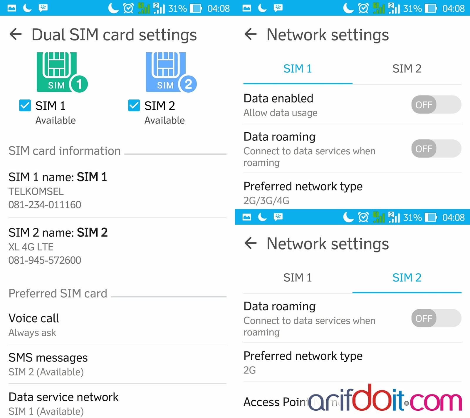 2G/3G/4G pada SIM 1 u/ Data Service