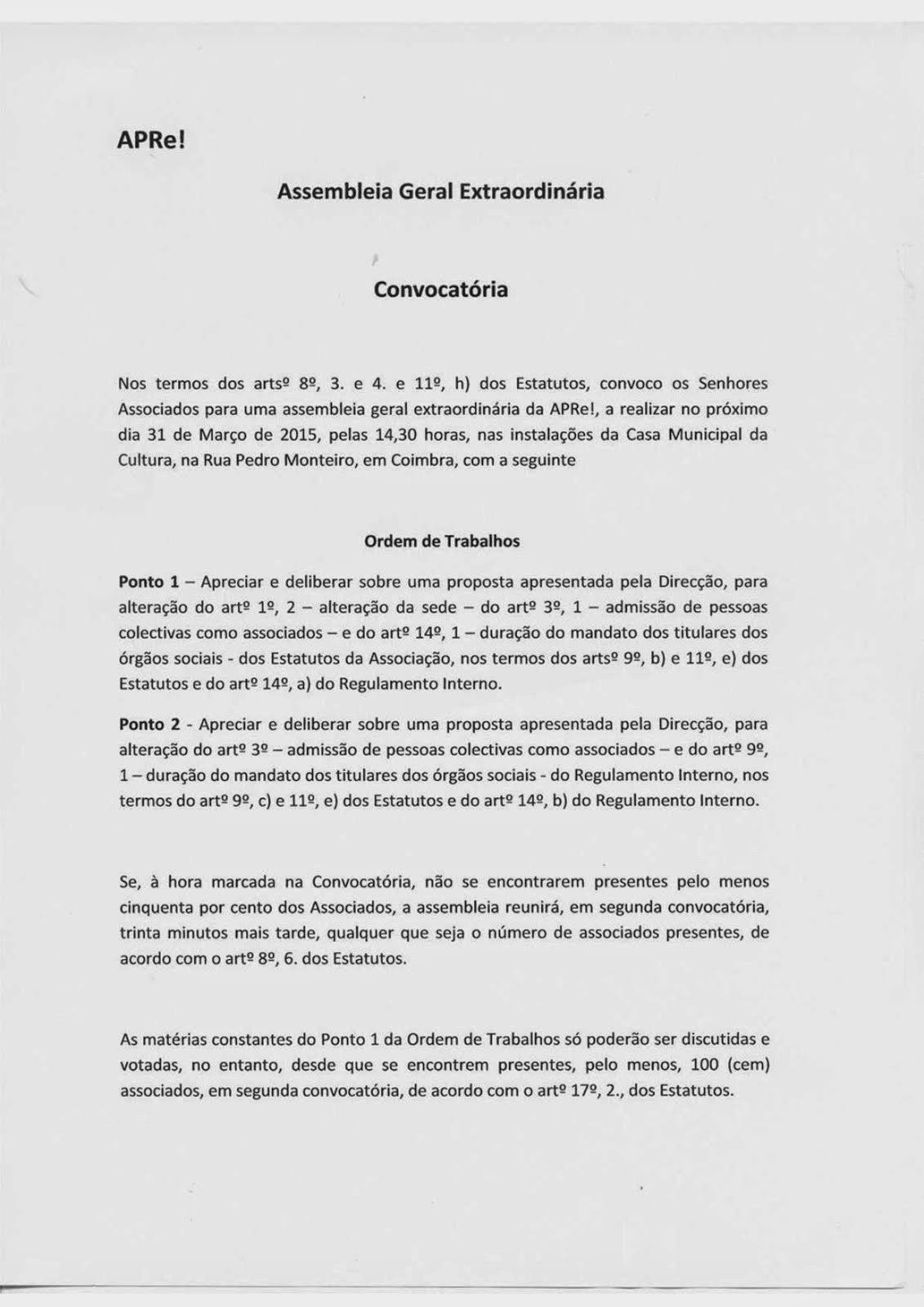 Convocatória para Assembleia Geral Extraordinária da APRe!
