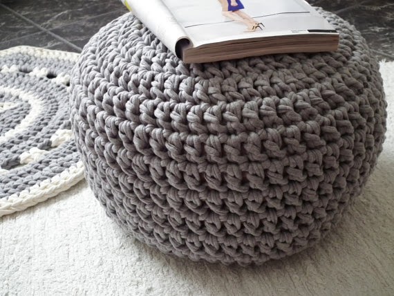 gray crochet pouf - looping home