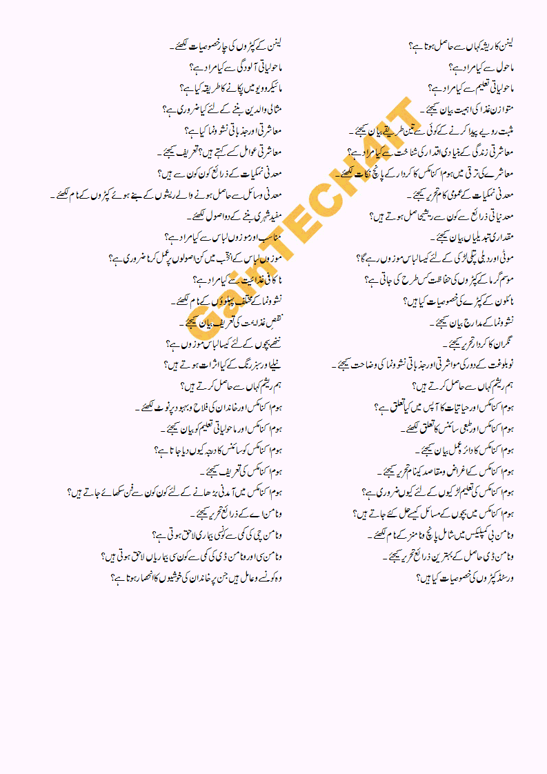 Guess Paper 9th Class 2017 Elements Of Home Economics - GainTECH4IT