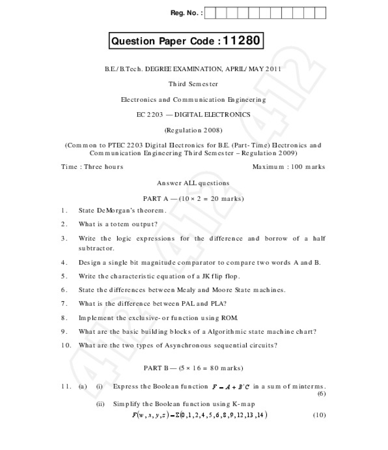EC2203 Digital Electronics April May 2011 Question Paper University