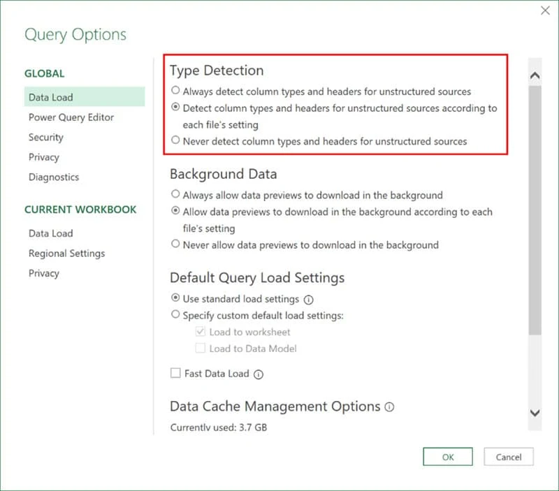 Screenshot showing data type detection in Power Query for Excel