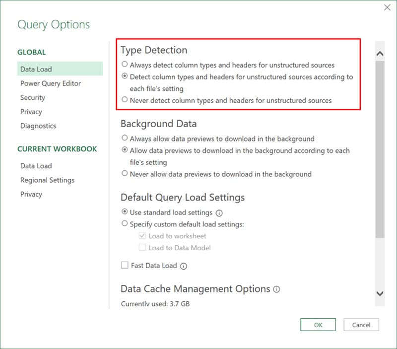 Screenshot showing data type detection in Power Query for Excel
