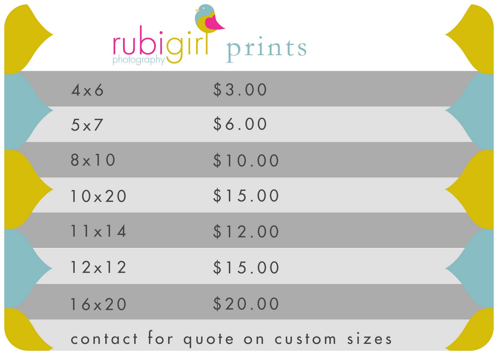 rubigirl photography print price list