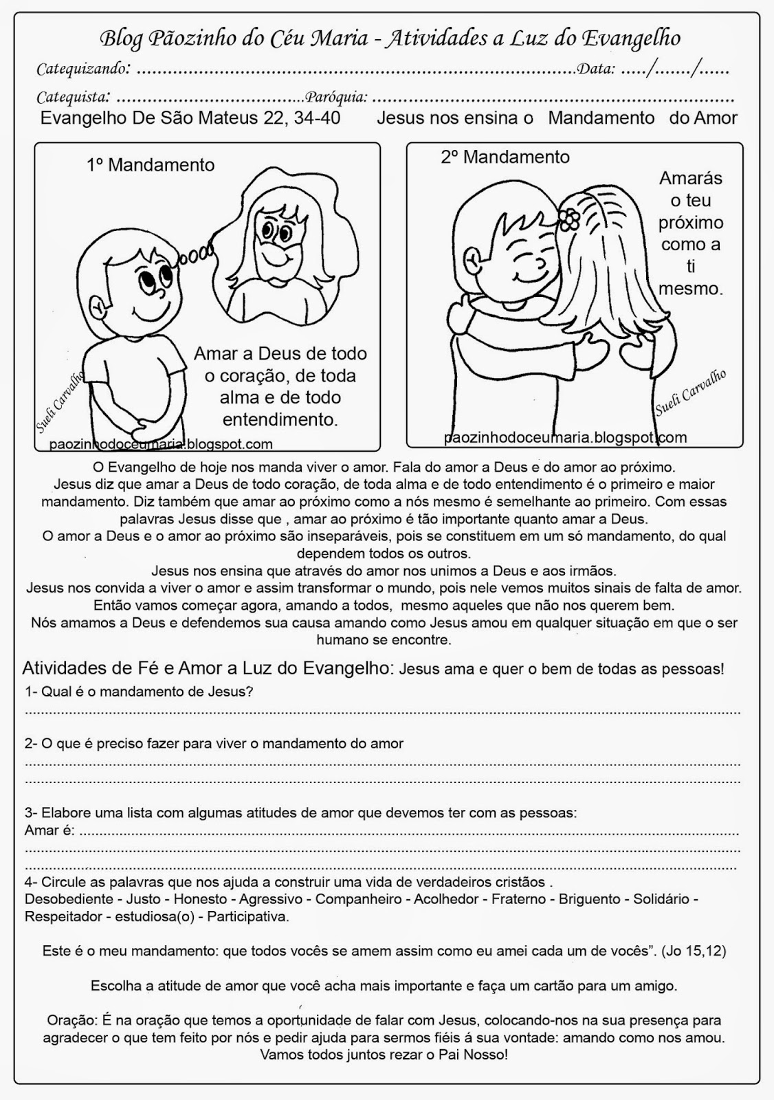Pãozinho do Céu: Mandamento do Amor: Atividades de Catequese: Evangelho