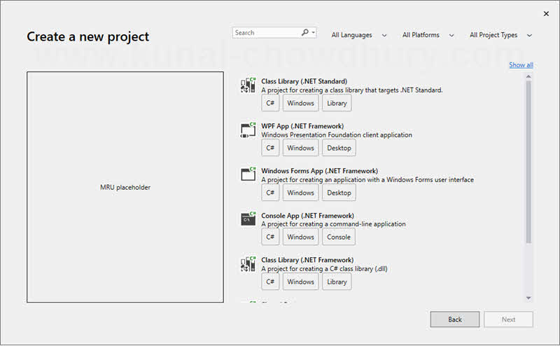Visual Studio 2019 (version: 16.0.0 Preview 1) - Create a new Project Wizard