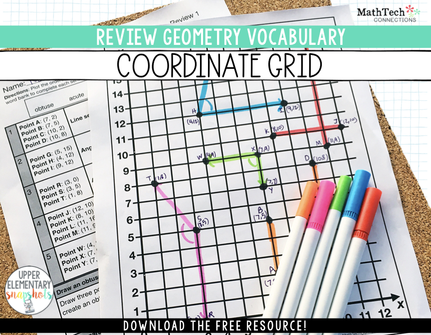 Review Geometry Vocabulary Words with this fun math center activity. Review plotting ordered pairs on a coordinate grid. 