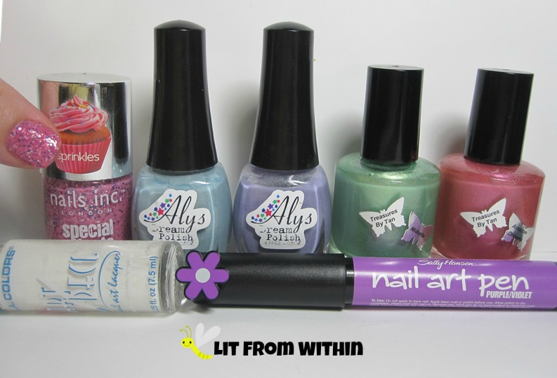 Bottle shot:  Nails Inc Topping Lane, Aly's Dream Polish in Bayouberry and Rumpleberry, and Treasures by Tan in Midorita and Amazon Dreams, white striper and Sally Hansen Nail Art Pen in Purple.