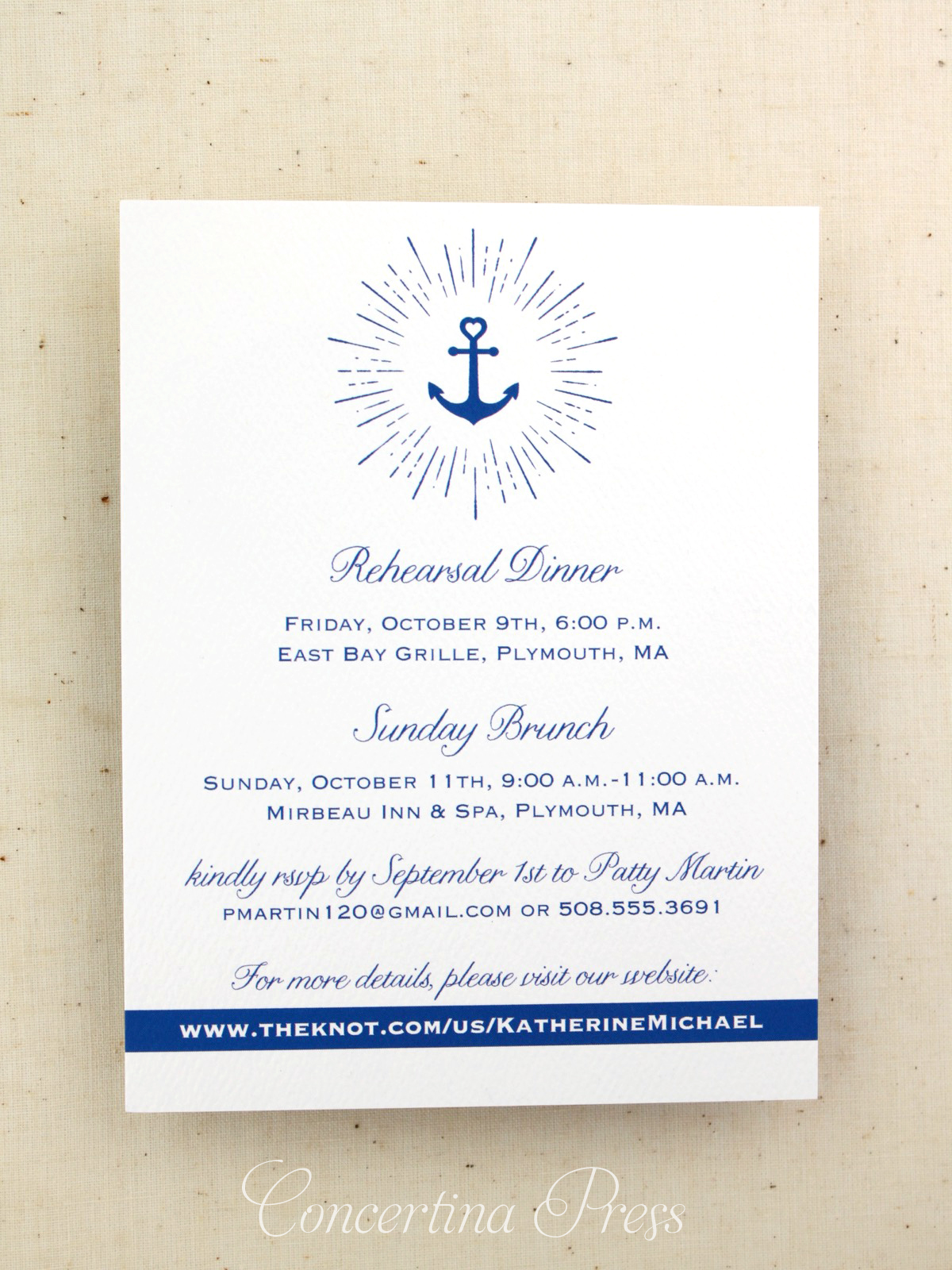 Nautical wedding insert card from Yacht Club Wedding Set by Concertina Press