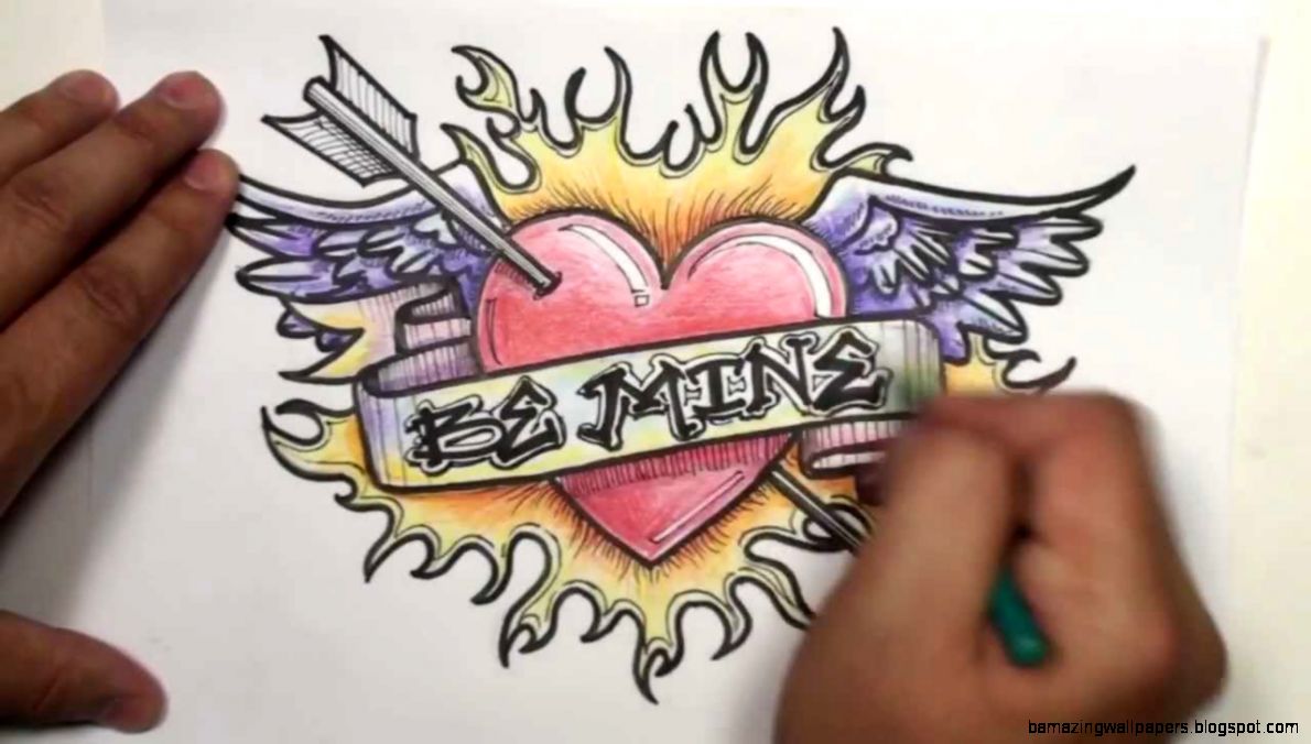 Speed Drawing How To Draw a Heart With Wings Arrow Ribbon and