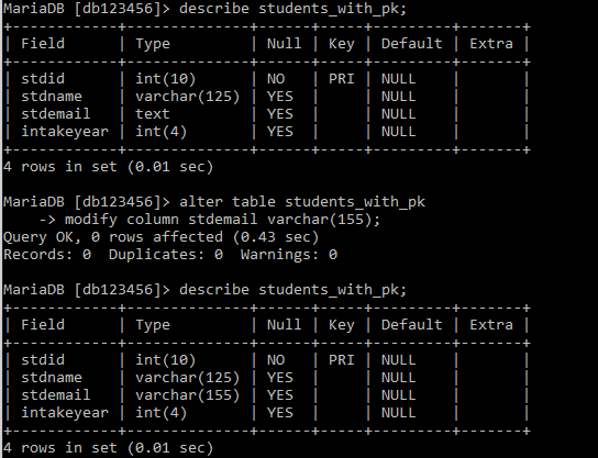 Database Laboratory: Alter table column