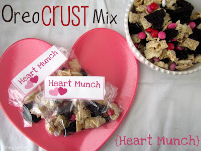 chex mix made with oreo crust in baggies with tag on heart plate and in white bowl with words on photo