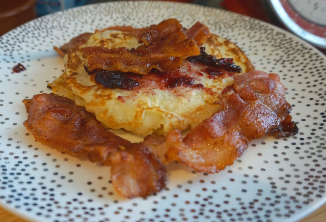 pancakes, bacon and jam