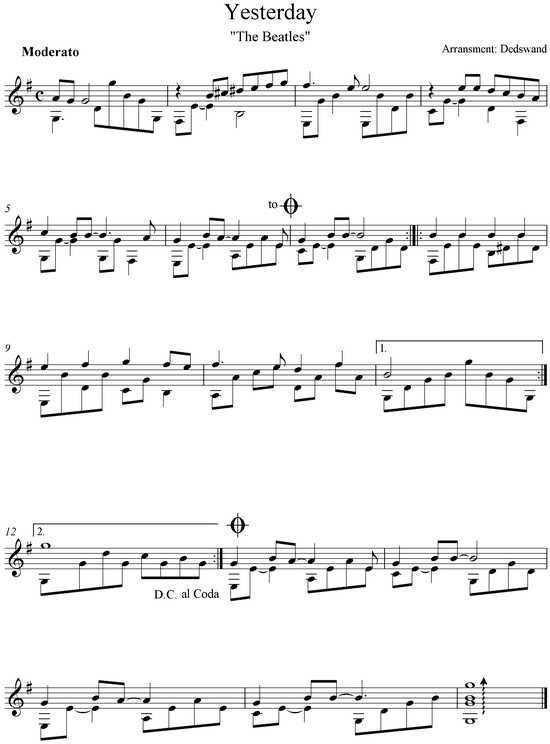 Partitur Solo Gitar, Yesterday Beatles - sahabatku seni