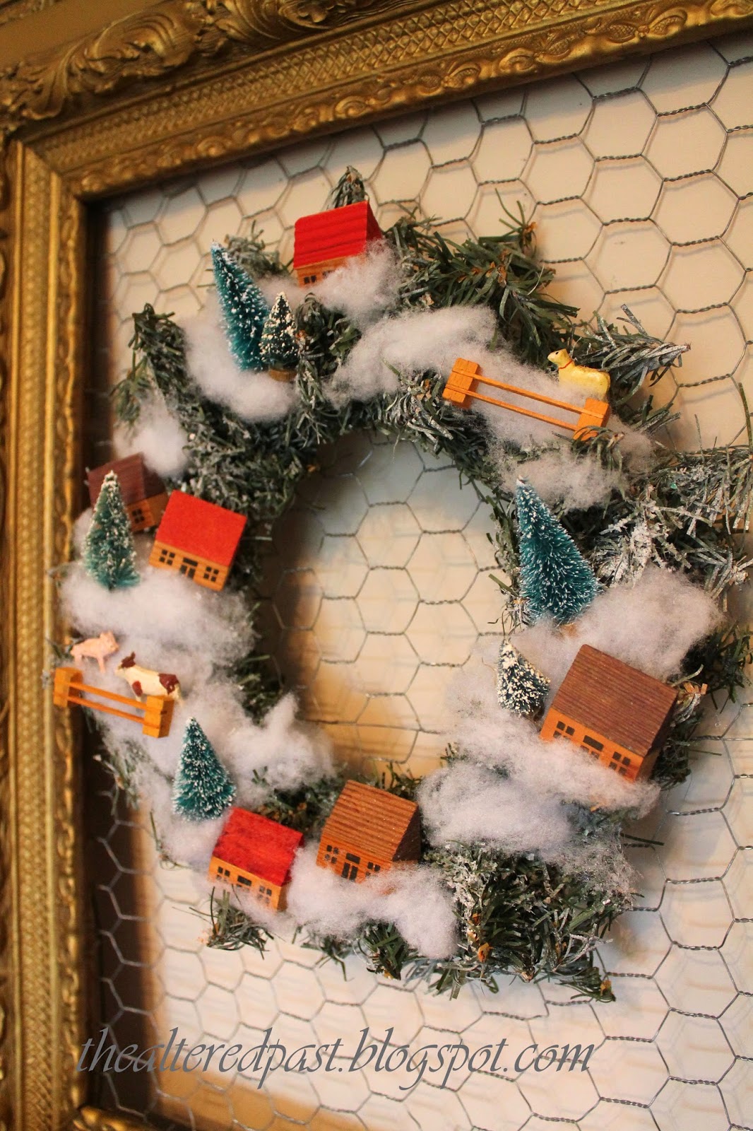 vintage farm village christmas wreath, the altered past blog