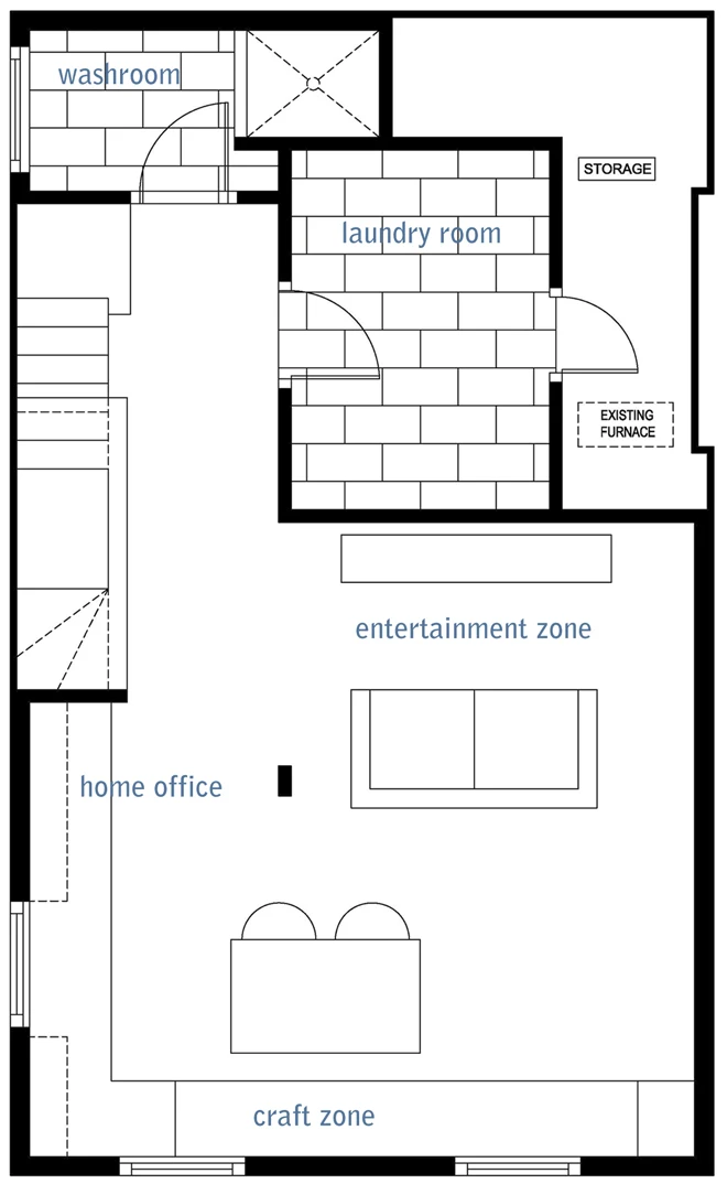 basement layout, basement space plan, basement floor plan
