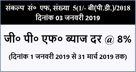 सामान्य भविष्य निधि ब्याज दर @ 8% (आठ प्रतिशत) – दिनांक 1 जनवरी 2019 से 31 मार्च 2019 तक / GPF Interest rate @ 8% (Eight Percent) from 1st January 2019 to 31 March, 2019 सामान्य भविष्य निधि ब्याज दर @ 8% (आठ प्रतिशत) – दिनांक 1 जनवरी 2019 से 31 मार्च 2019 तक / GPF Interest rate @ 8% (Eight Percent) from 1st January 2019 to 31 March, 2019