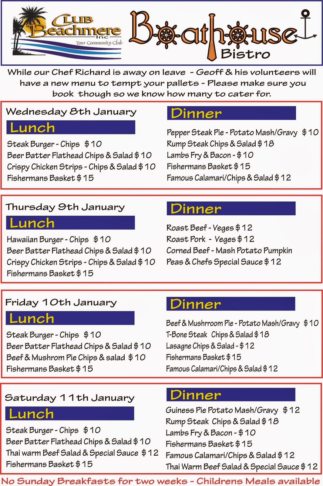 Club Beachmere Menu for early January
