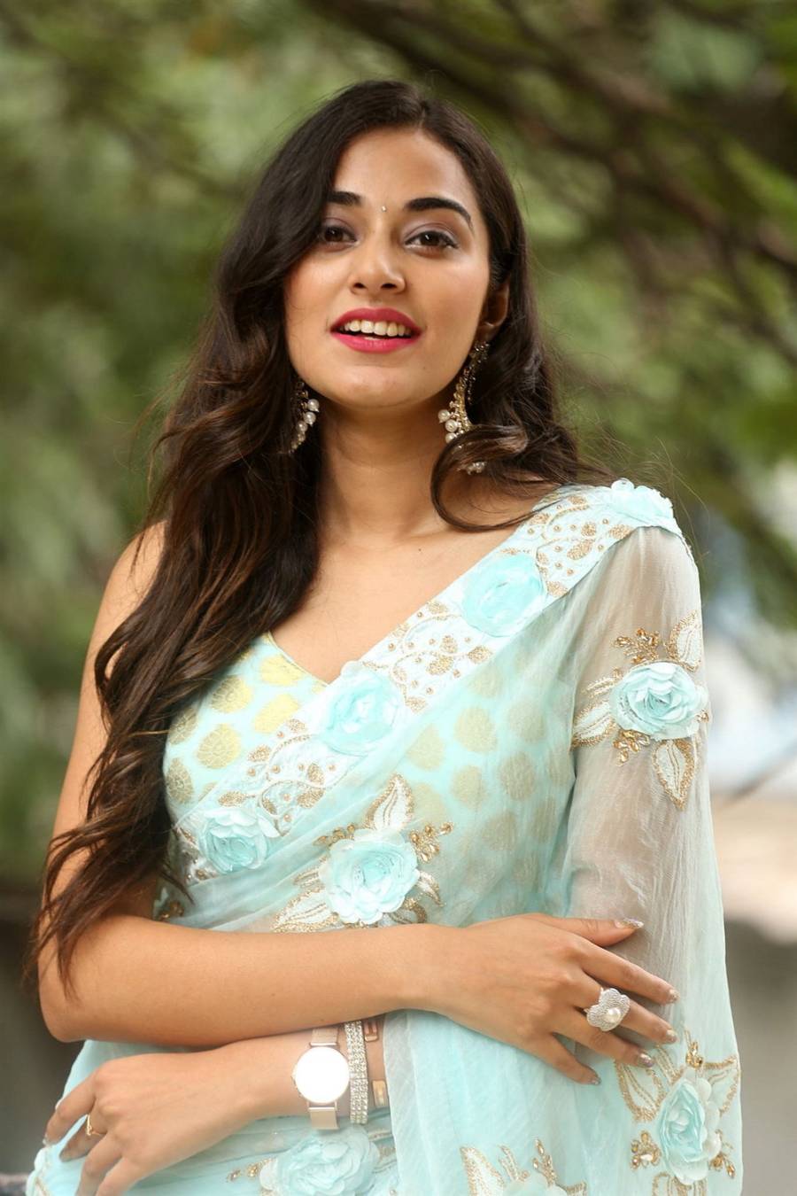 Beautiful Indian Girl Stefy Patel In Transparent Blue Saree
