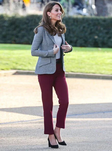 Kate Middleton wore Smythe 2 button blazer, Gianvito Rossi Piper suede pumps, Mappin and Webb empress drop earrings