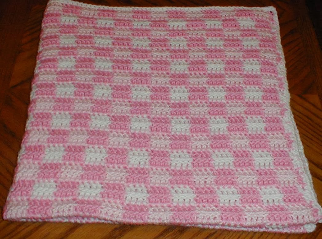 Karens Crocheted Garden of Colors Pink Gingham Baby Blanket