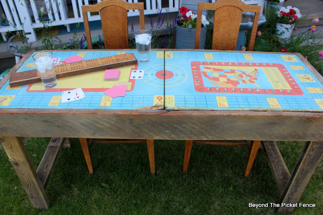 metal table, reclaimed wood, rusty, vintage, http://bec4-beyondthepicketfence.blogspot.com/2015/06/vintage-game-table.html