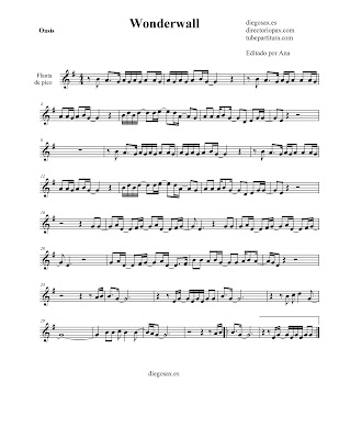 Partitura Wonderwall de Oasis FLAUTA DE PICO / FLAUTA DULCE (adaptación tonalidad fácil) sheet music recorder