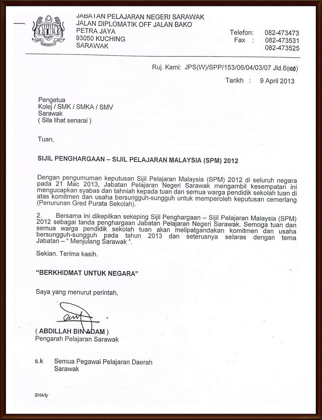 Surat Dan Sijil Penghargaan Dari Pengarah Pelajaran Negeri Sarawak | My