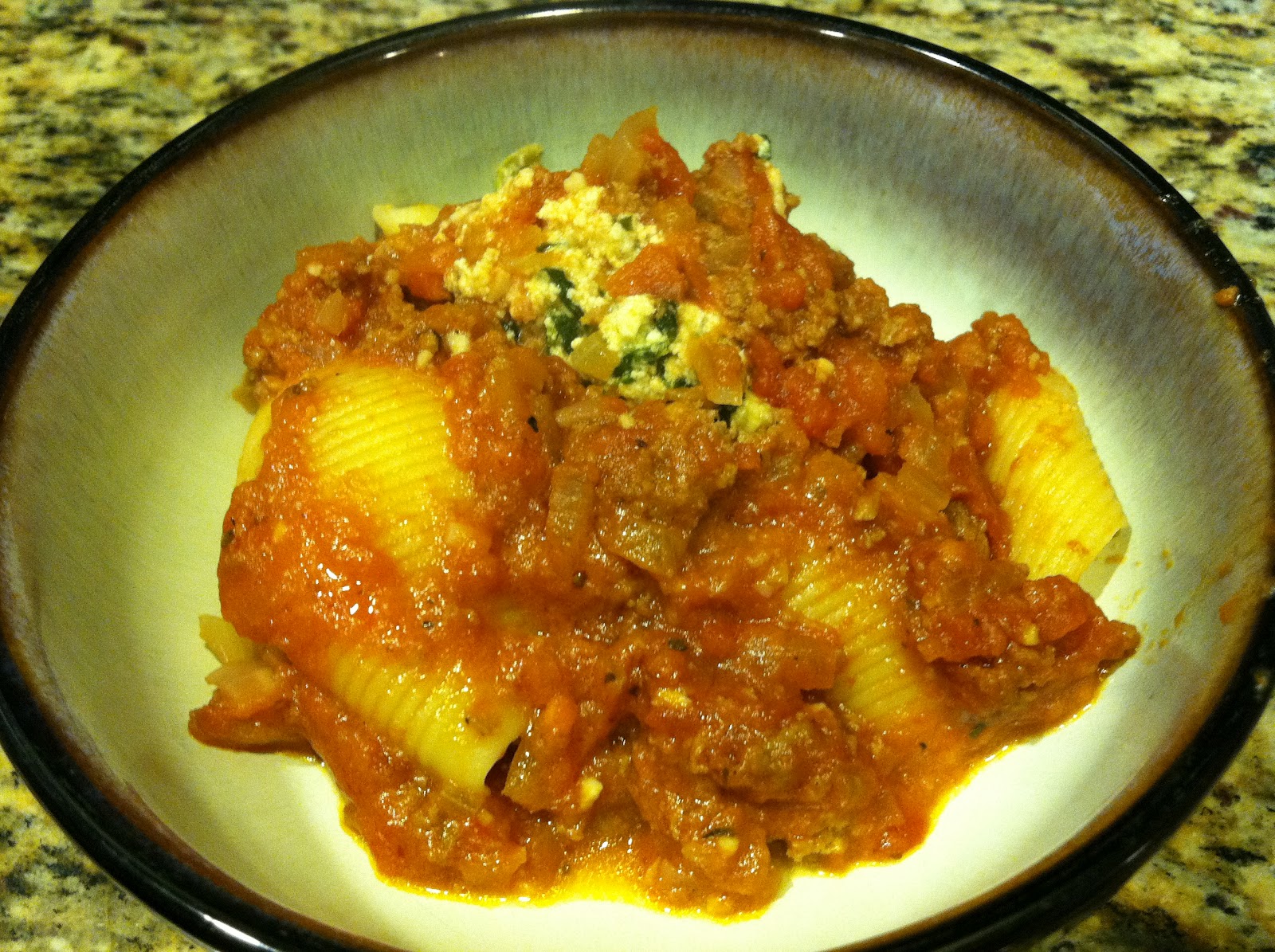 Might as well eat healthy: Spinach Stuffed Shells with Meat Sauce