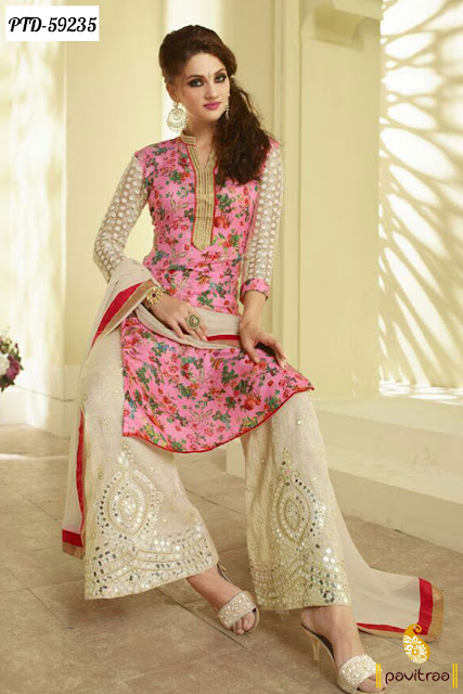 New fashion pink cream color net embroidery palazzo  salwar suit online shopping in lowest prices with free shipping and cash on delivery service in India