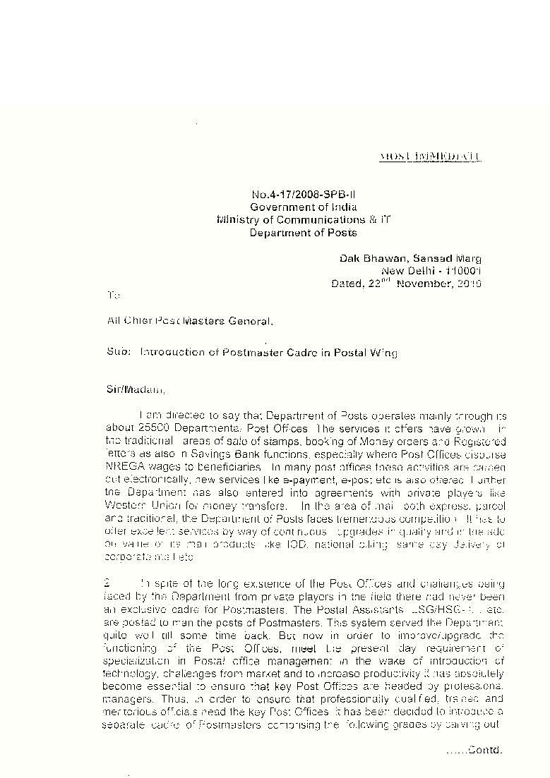 Postmaster Haryana Introduction of Postmaster Cadre in Post Offices